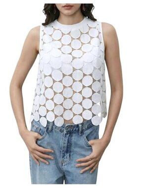 Women's White Sheer Tank Tops See Through Polka Dots Asymmetrical Top Summer